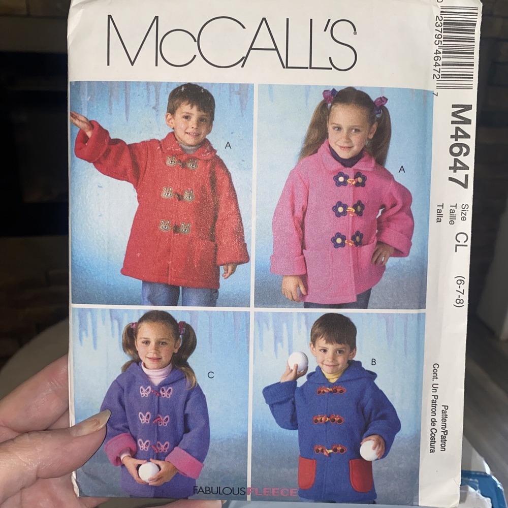 2004 McCalls Kids Jacket Pattern M4647 Size 6-8 Uncut Fleece Coat Hooded Toggle